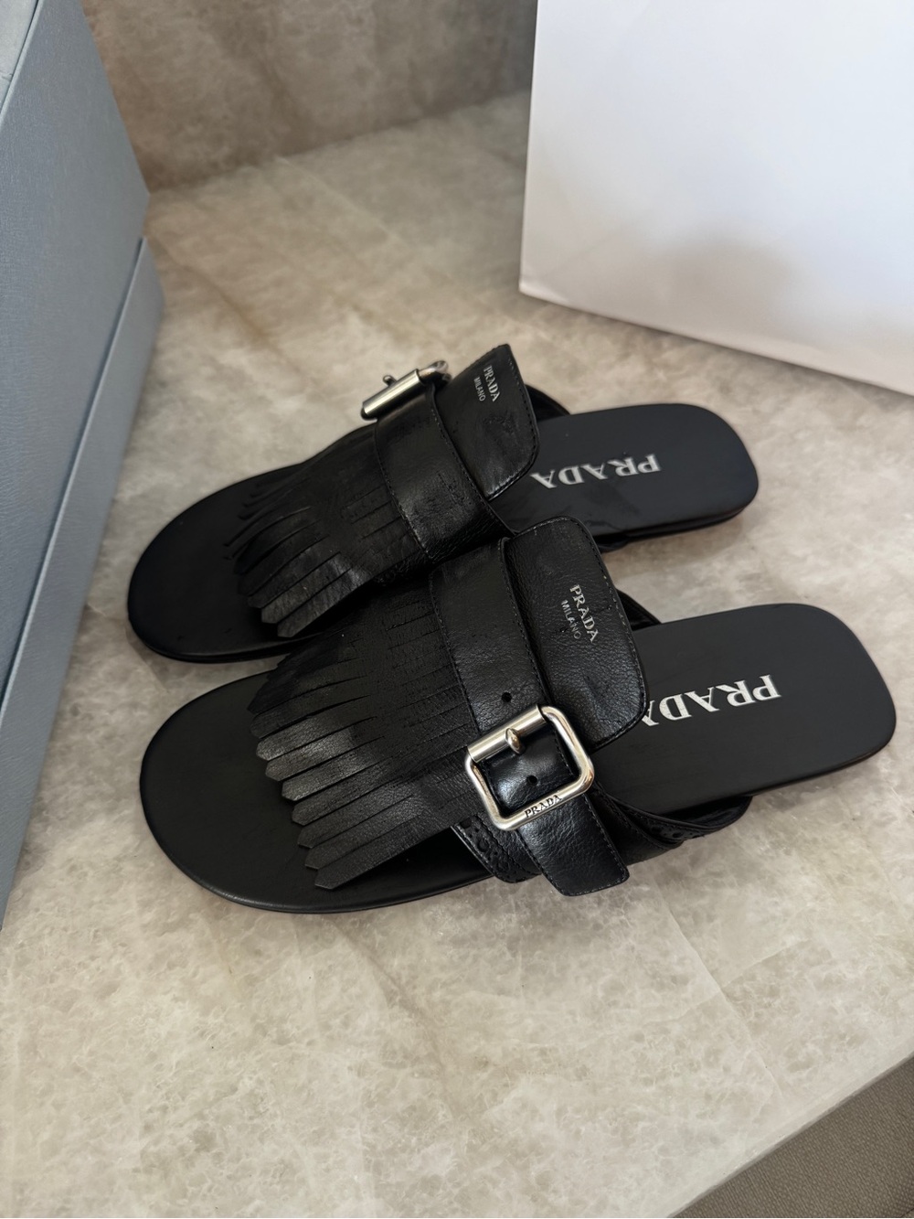 PRADA Black Leather Distressed Fringed Slide Sandals